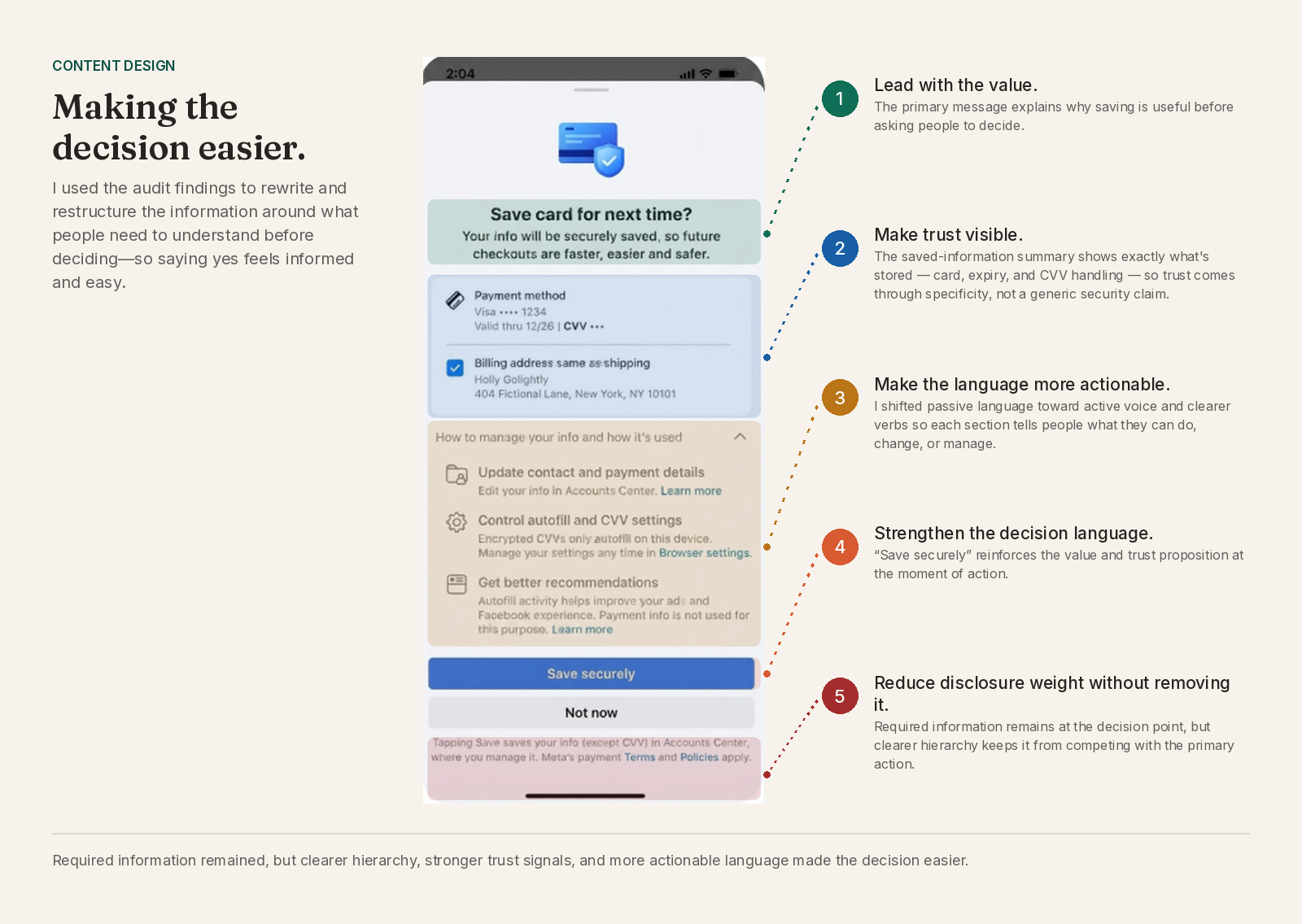 Five content design principles applied to the save-card screen: lead with the value, make trust visible, make the language actionable, strengthen the decision language, and structure disclosure by priority.