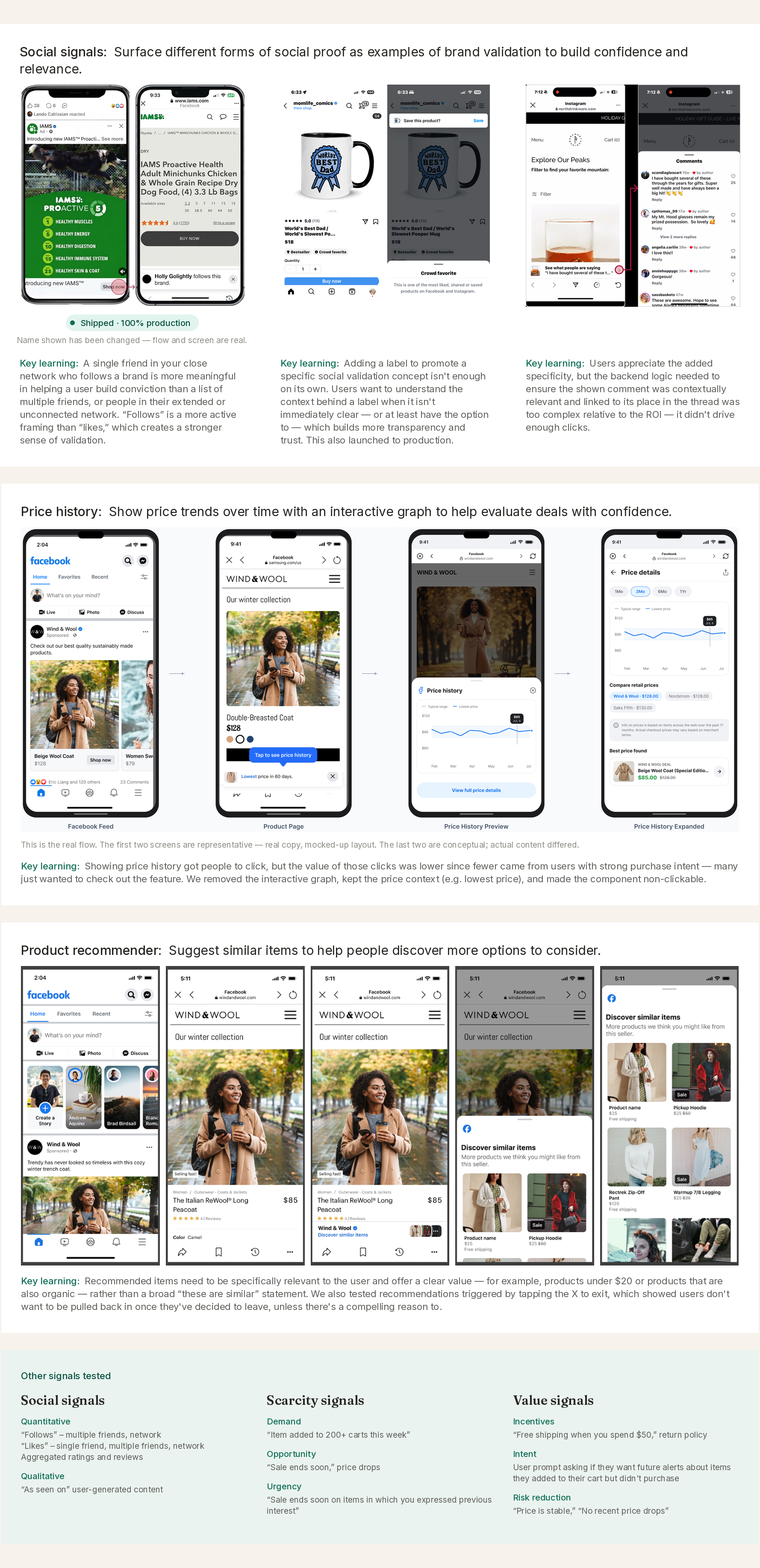 Three families of post-click experiments: social signals — including a launched 'follows this brand' treatment — price history evidence, and product recommendations, each annotated with the key learning drawn from testing.