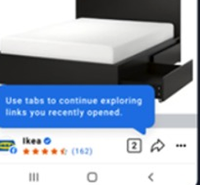 A close-up of the launched utility-led tooltip: a blue tooltip reading 'Use tabs to continue exploring links you recently opened,' shown on a product page in the in-app browser.