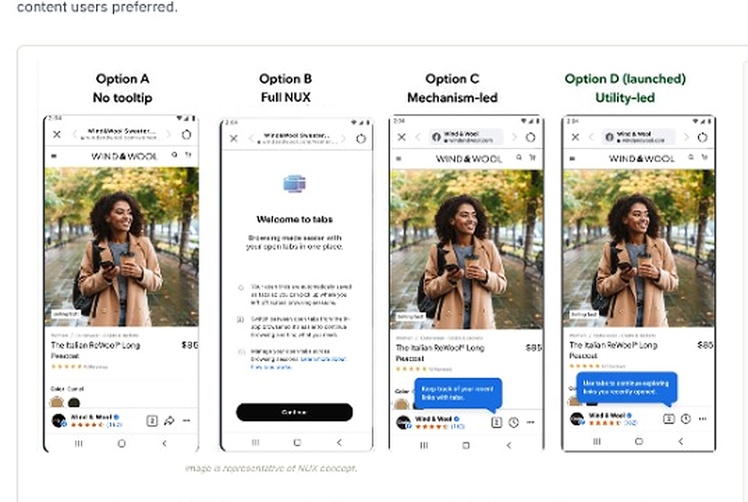 Four first-use concept options for introducing Tabs — no tooltip, a full-screen NUX explainer, a mechanism-led tooltip, and a launched utility-led tooltip.